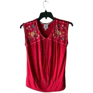 Knox Rose Top Women Size Medium Floral Embroidered Stretch Short Sleeves